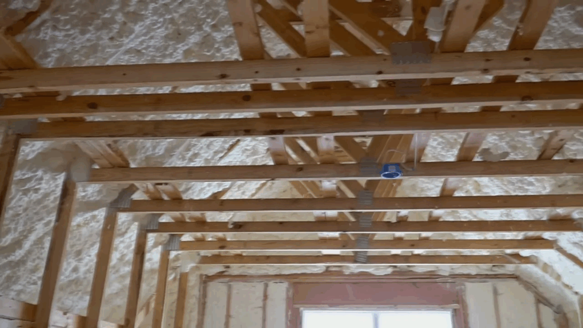 Unfinished garage with no drywall or insulation on walls and attic