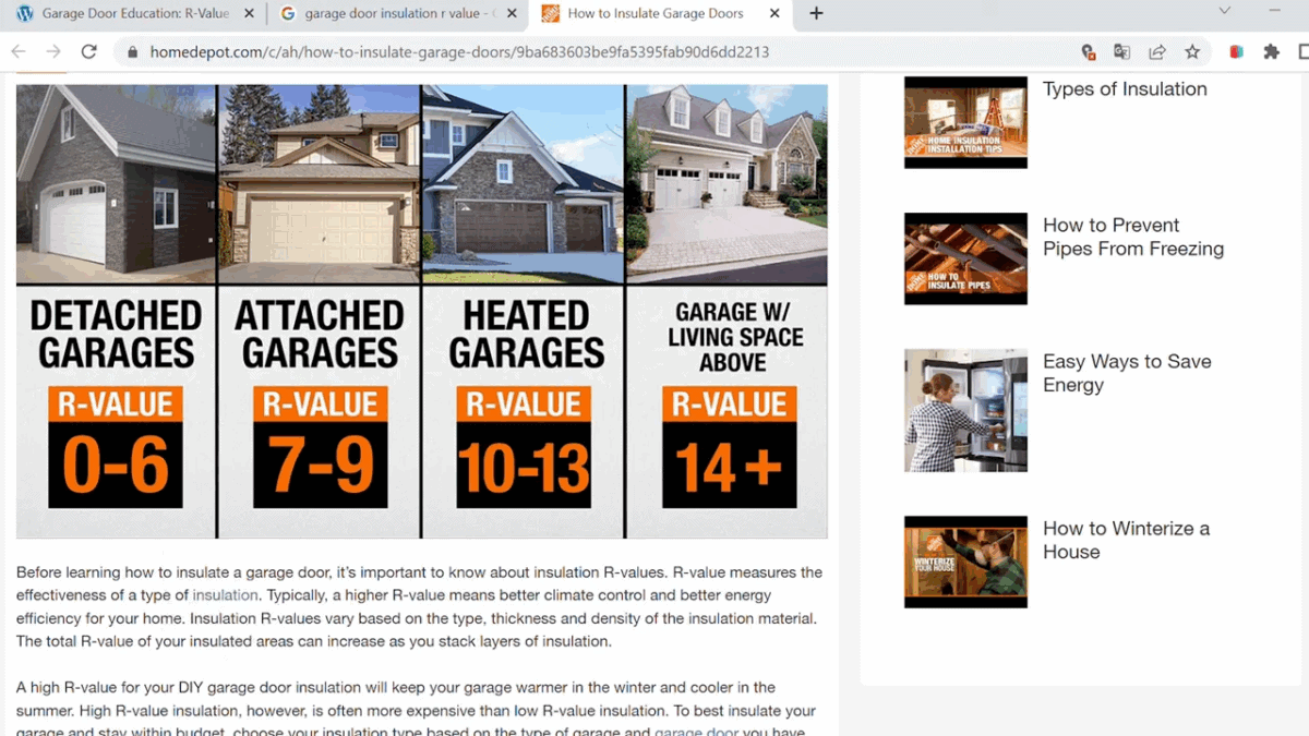 Text showing recommended R-values for detached and attached garages